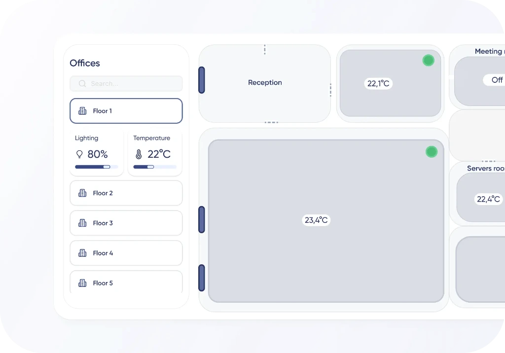 Interactive floor plan for monitoring and controlling building spaces, occupancy and environmental conditions